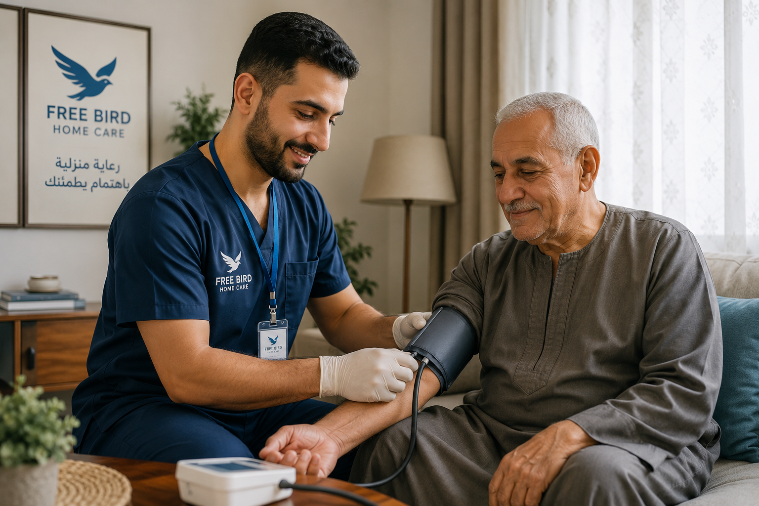 مقدم رعاية منزلية يساعد مسنًا في قياس ضغط الدم